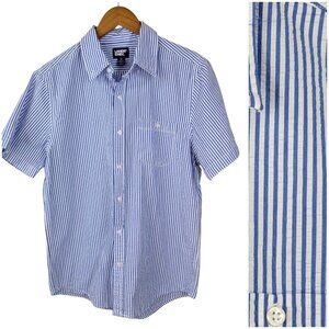 Lands End Mens SS Button Up Shirt Medium 100% Cotton Seersucker Blue oeko tex